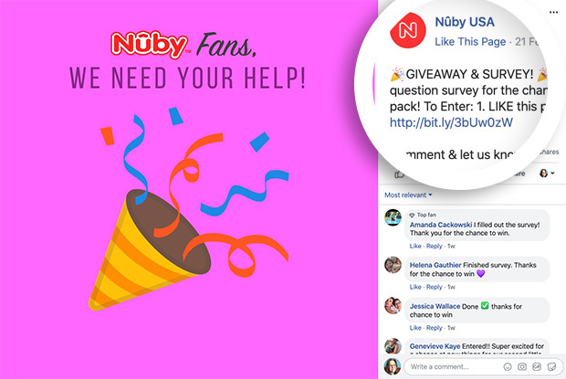 Nuby USA held a Giveaway & Survey to research their customers and attract more followers at the same time