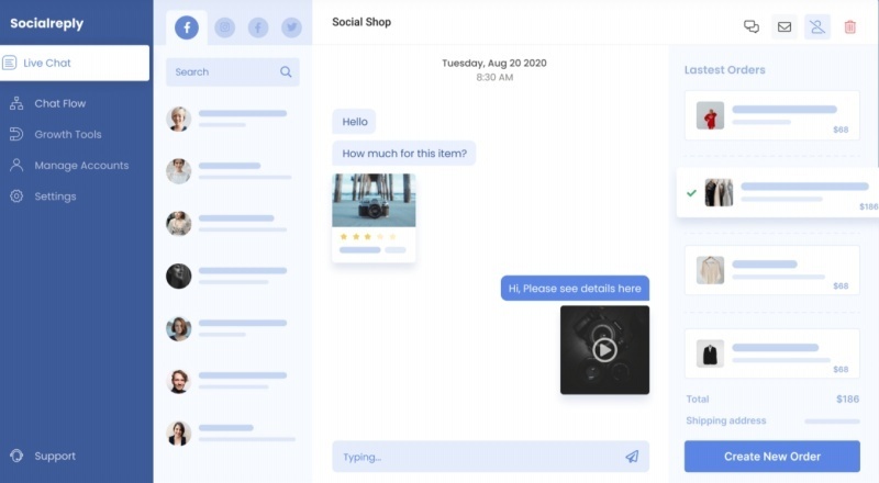 Making sales in Messenger is even easier with the Socialreply app. Offer discounts, import products, track all your accounts in one dashboard, plus more.