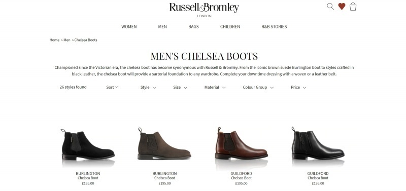 London-based luxury shoe company Russell & Bromley keep menu navigation simple. The company also uses product filtering in their collection pages to make it easier to find what you want. Source: Russell & Bromley.