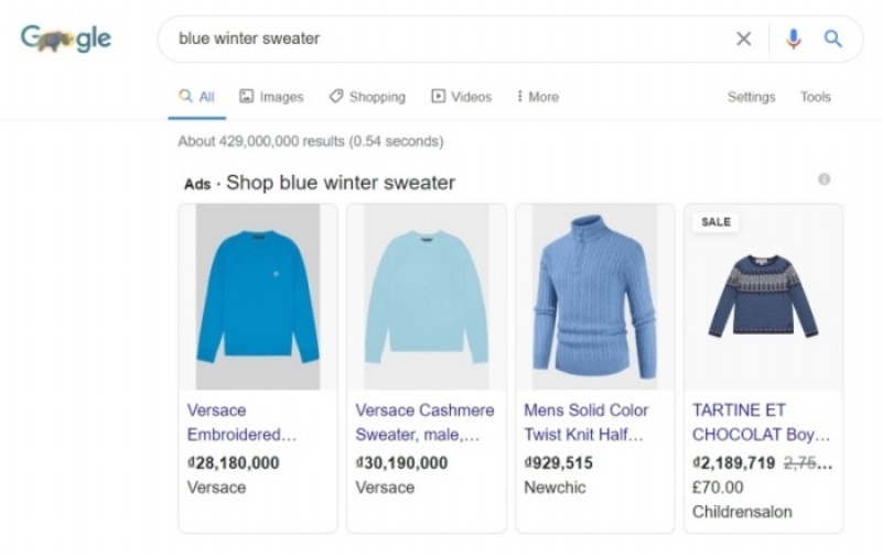 Notice the consistent makeup: Image, title, price, and brand on Google Shopping listings
