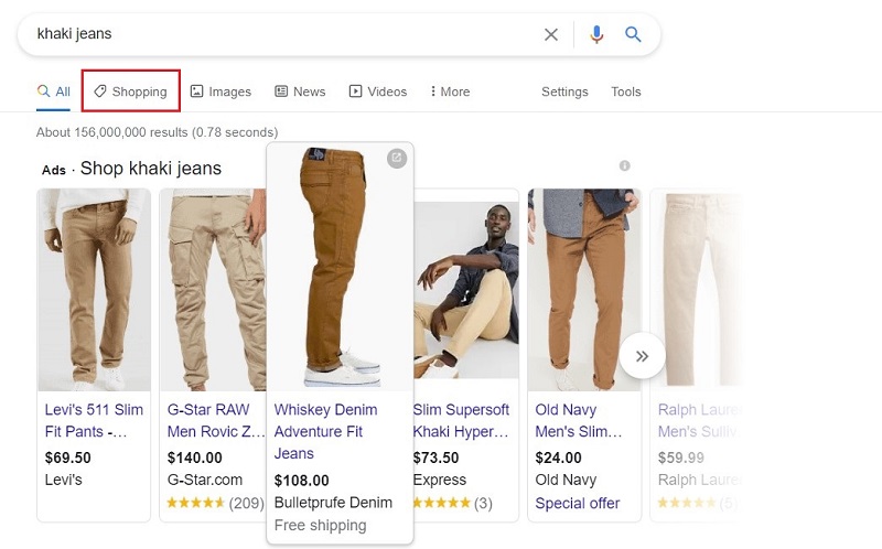 Click the Shopping tag to see Google Shopping listings