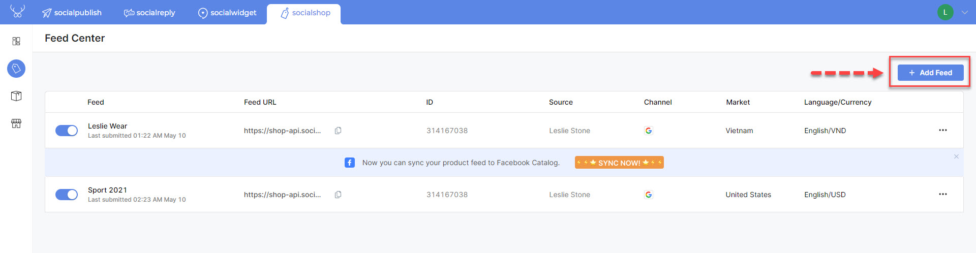 Click on the button here to add a new product feed - Sync Shopify Products to Facebook
