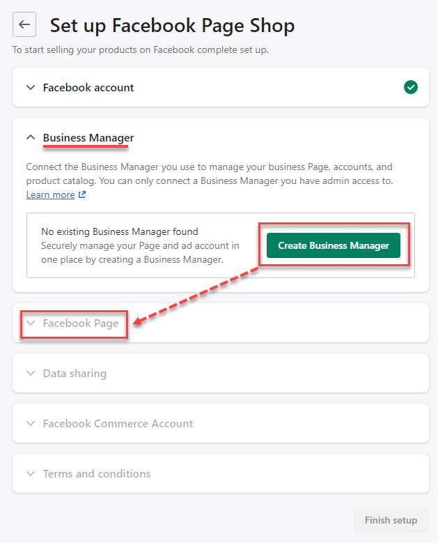 Continue to connect to your Business Manager account and then set up your Facebook page