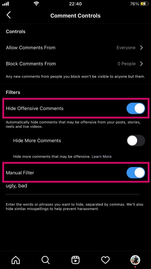 Filter comments to remove offensive messages during live