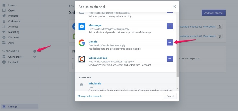 On your Shopify dashboard, click + Sales Channels then add Google