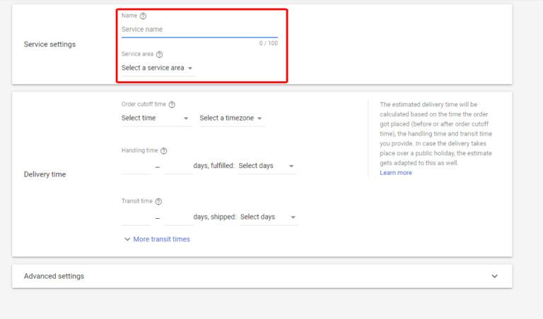 Now in the shipping service, you should name the services and choose a service area - Fix common google merchant center errors