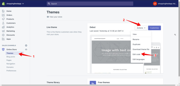 Go to your online store, click actions and then select edit code