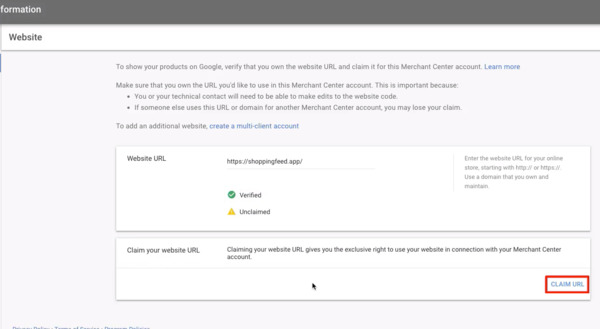 Now go back to Google Merchant Center and press Claim URL to submit your URL