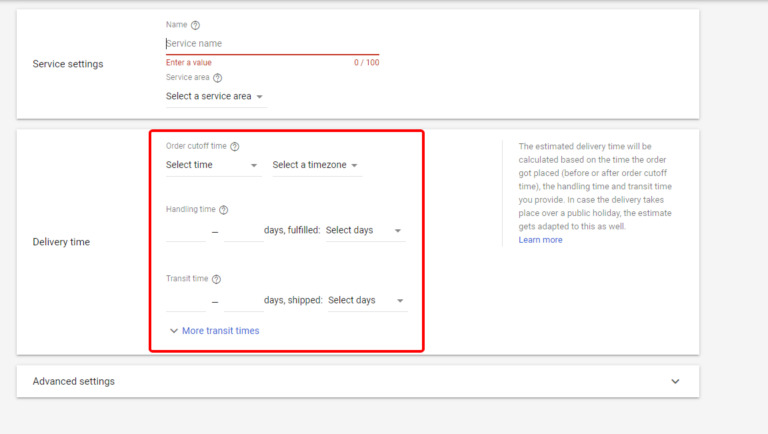 Remember to set your delivery time - Fix common google merchant center errors