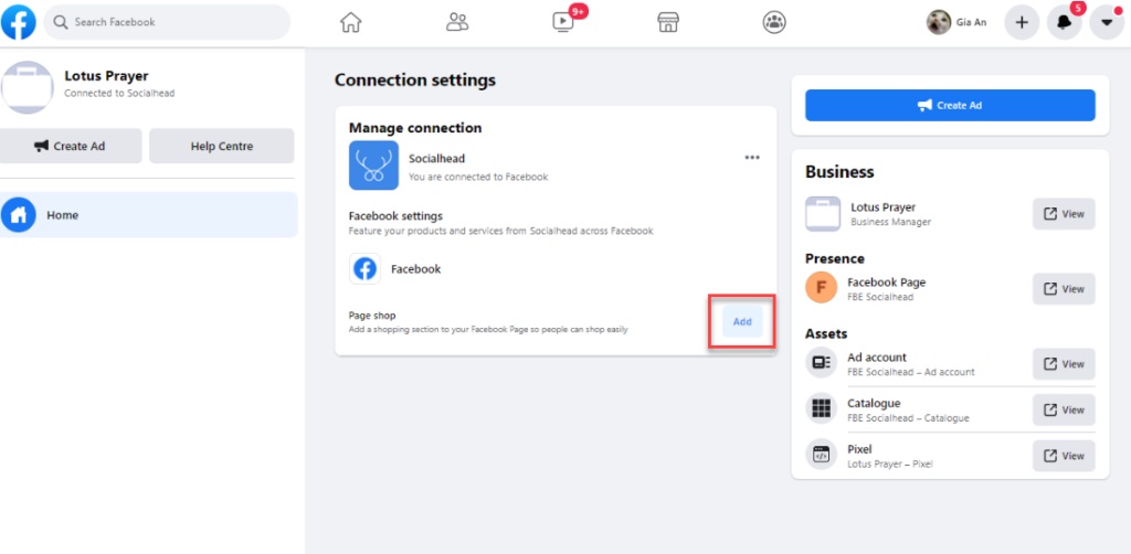 Click on 'Add' to create your Facebook Page Shop