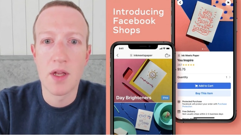 Mark Zuckerberg trying not to look like an alien while introducing Facebook Shops