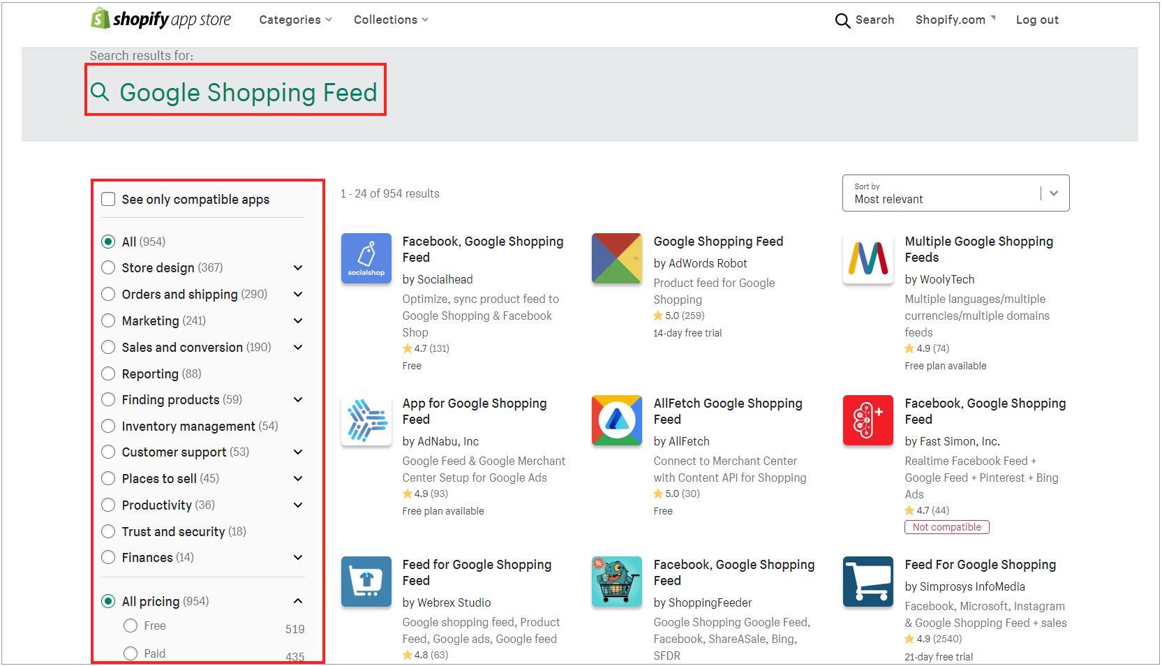 Shopify houses a huge number of apps and add-ons which are categorized into different sectors on the left menu