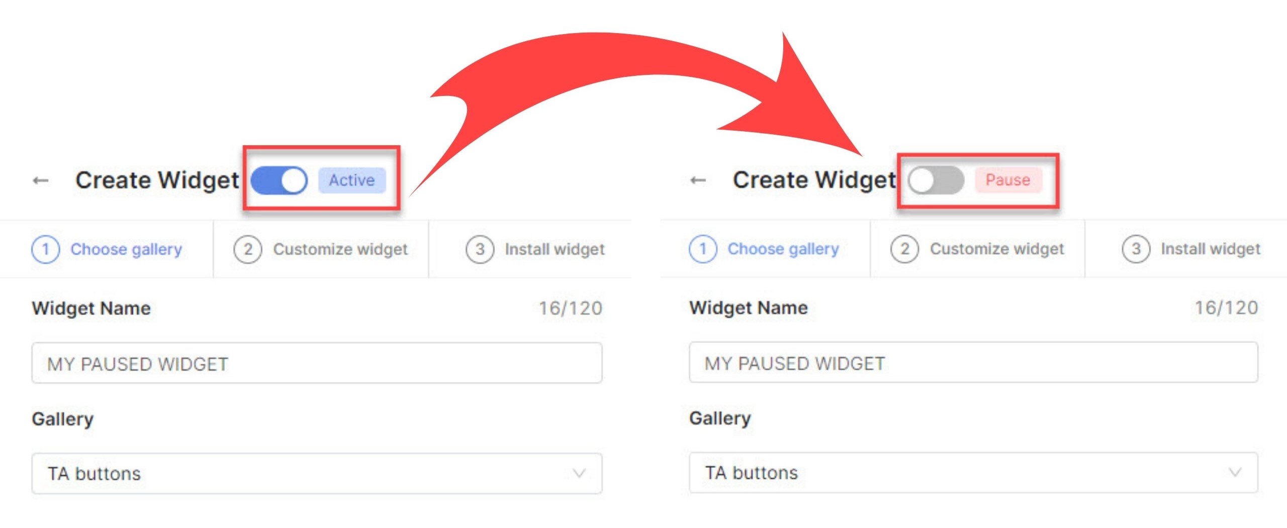Pause or active your widget easily when you create it - Socialwidget V2.1