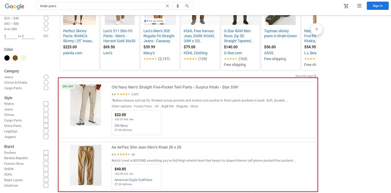 Highlighted zone for Google Shopping free Listing