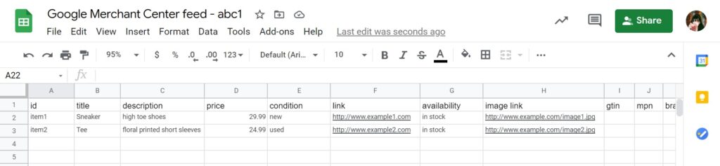 An example of a Google Merchant Center feed in Google Sheets format