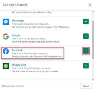 Find Facebook and click ‘+’ to add it to your store