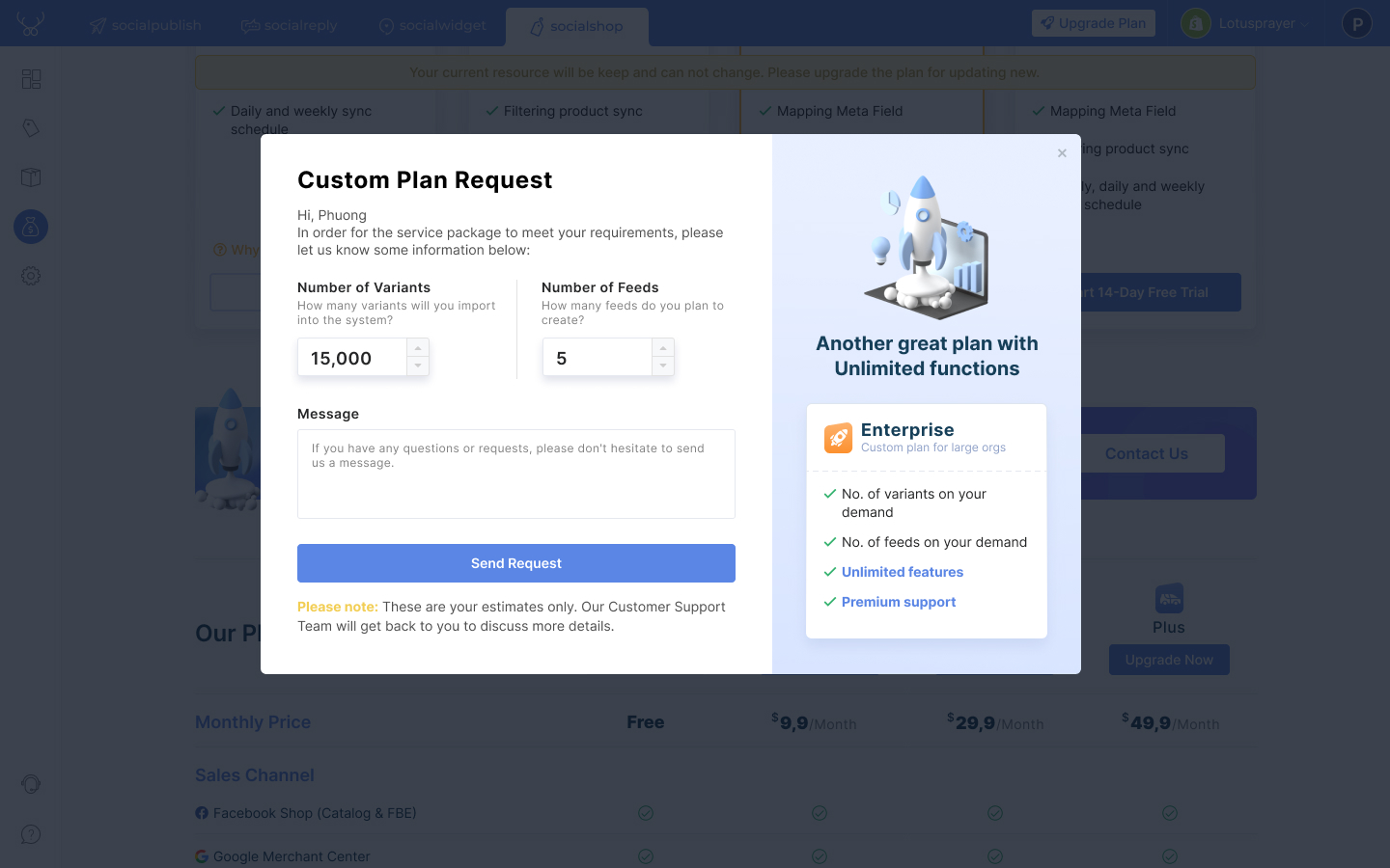 Select how many products and variants you want to sync and how many feeds you want to create - Socialshop Pricing