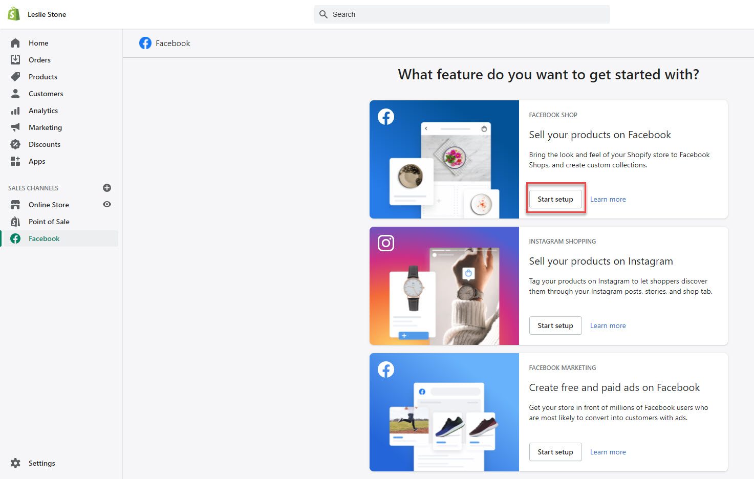 Start to set up your Facebook sales channel