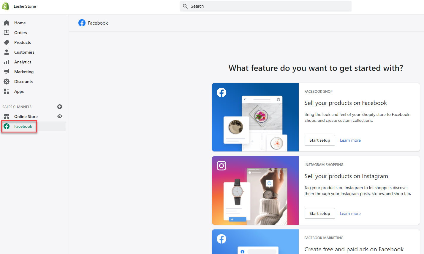 Then, Facebook is available in the Sales Channels section