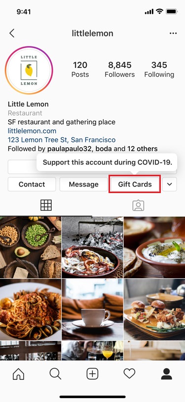 New gift cards feature for businesses. Source: Instagram
