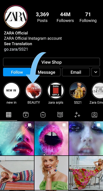ZARA highlights their Instagram Stories to drive more conversions