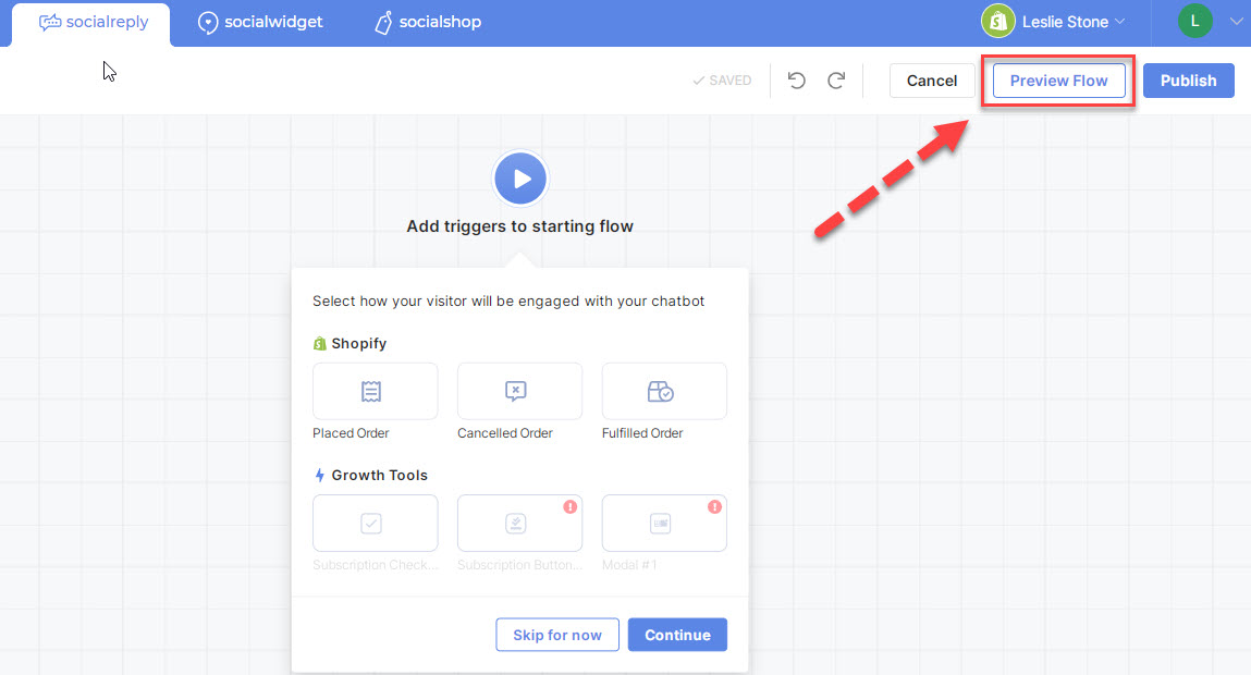 Preview Flow button enables you to check out your chat flow in advance