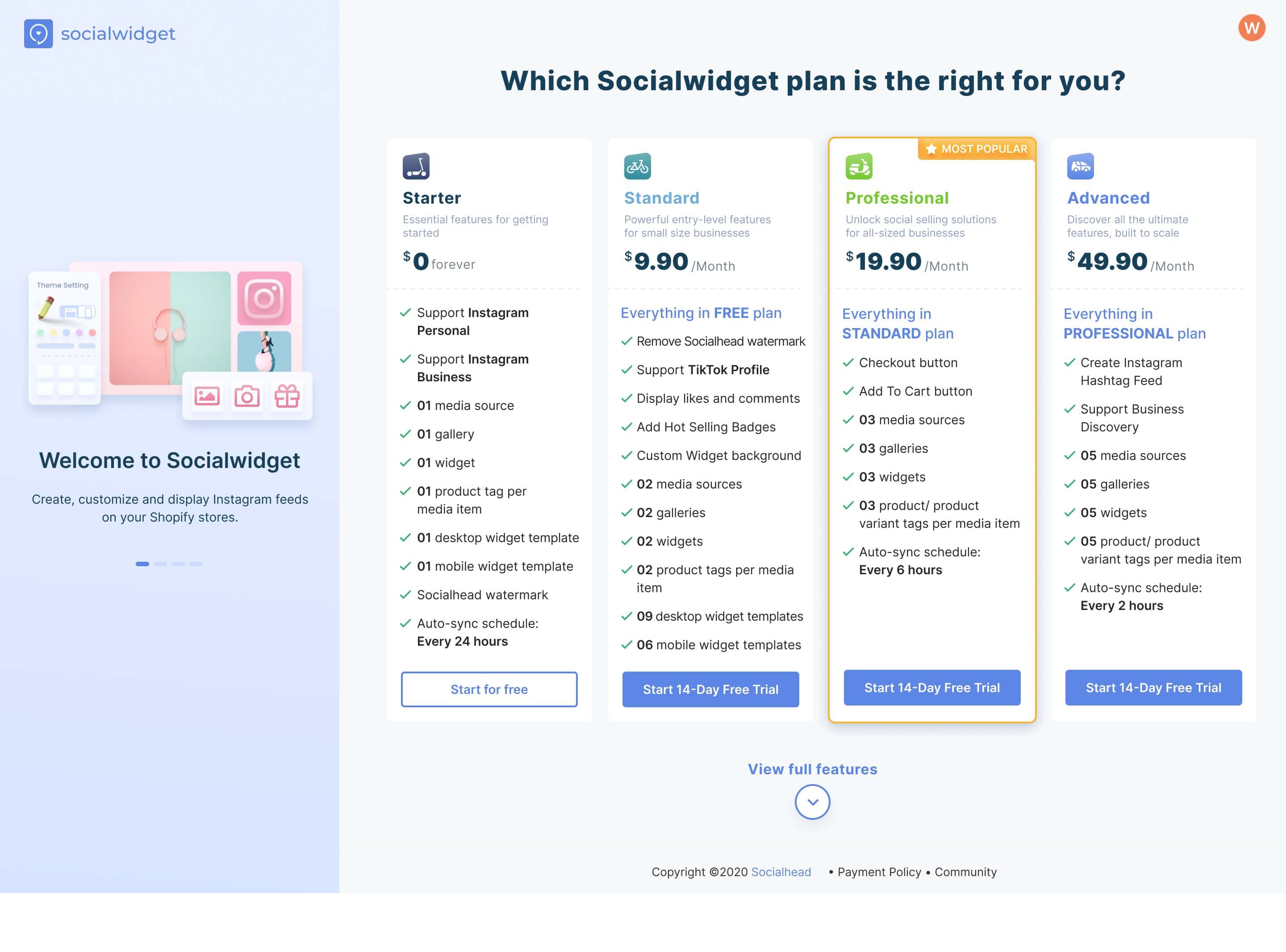 These are our upcoming 4 official pricing plans for Socialwidget