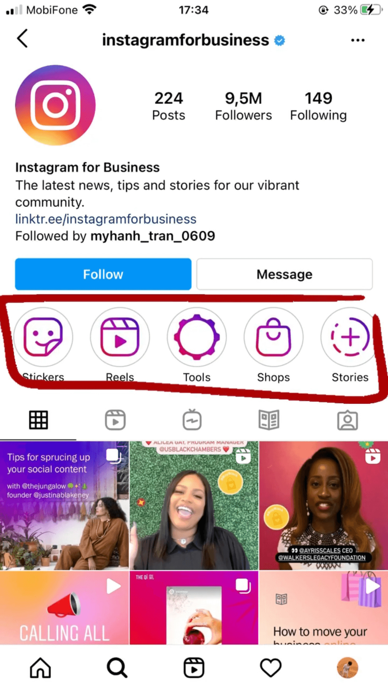 These Highlights will stay under your bio and above your feed as circles like this