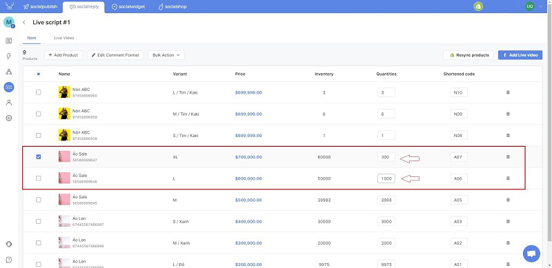 Socialreply V2.6 allows you to adjust product quantity in the live script