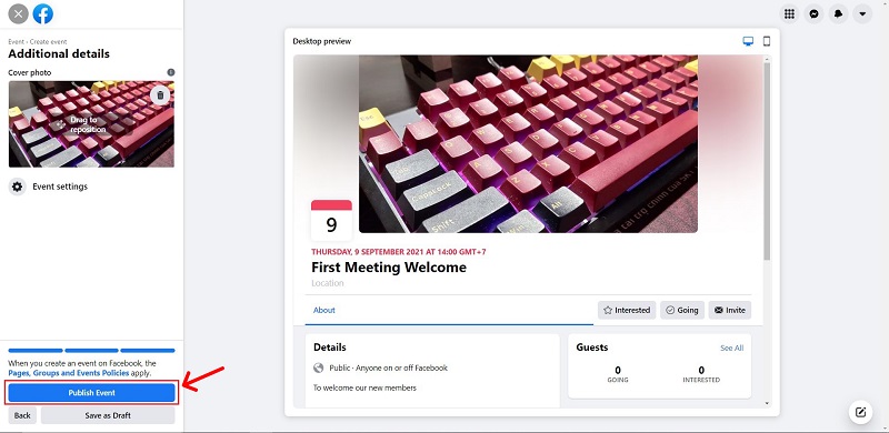 Click Publish Event your Facebook Live Event
