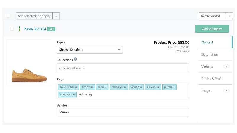 Adjust your product information with Modalyst. Source: Shopify