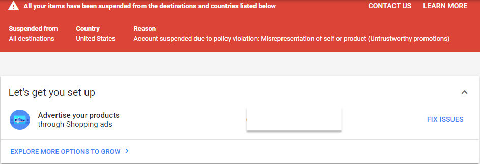 Account suspended due to policy violation: Misrepresentation of self or product