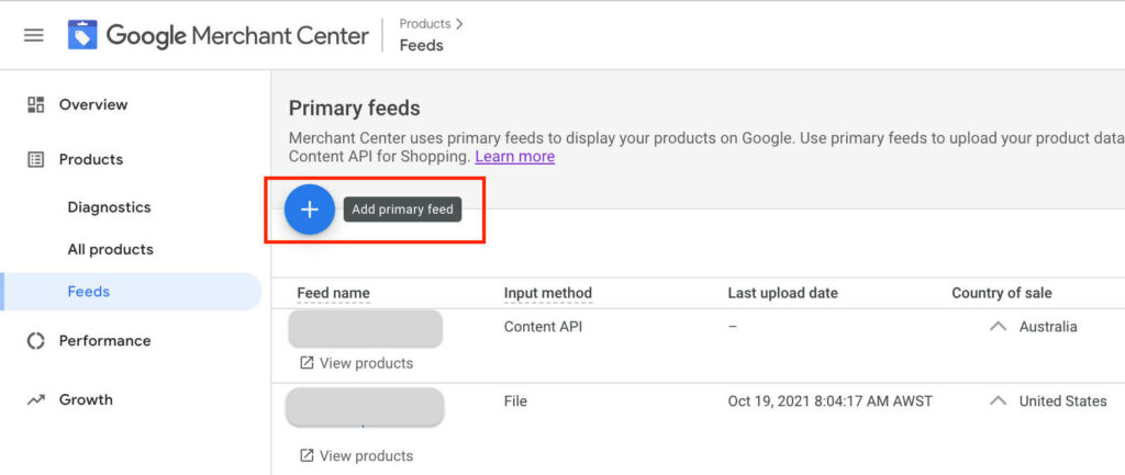 Add primary feed in Google Merchant Center