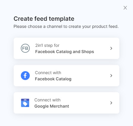 Choose a channel to create a product feed in Socialshop