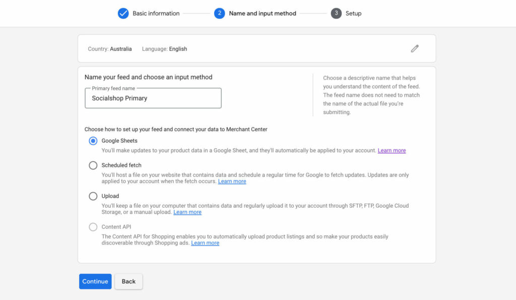 Choose feed name and input method in Google Merchant center