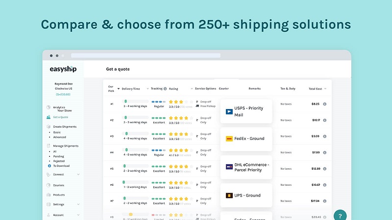 Easyship allows online merchants to choose from over 250 shipping solutions. Source: Shopify
