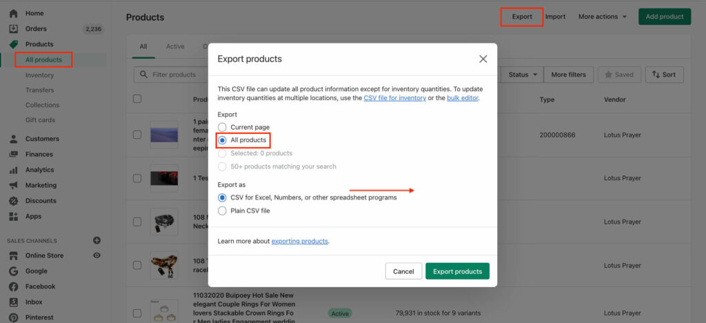 Export all products from Shopify