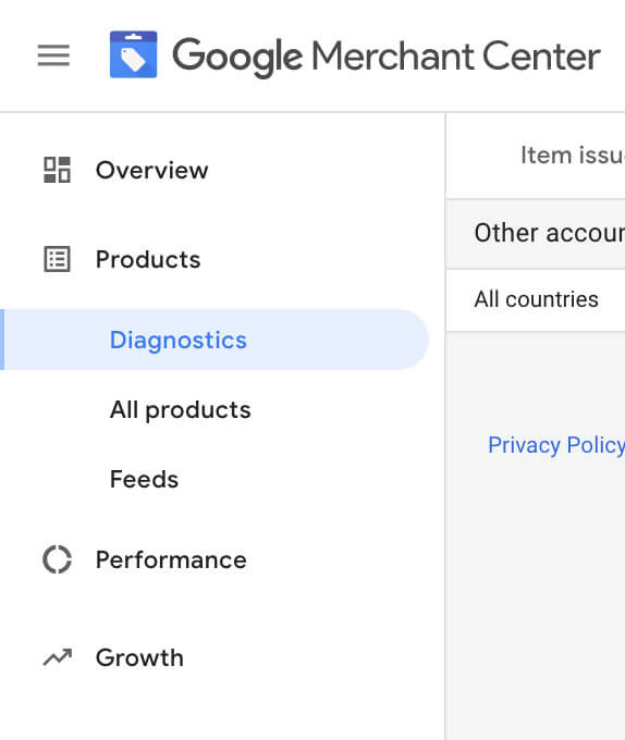 Google Merchant Center diagnostics tab
