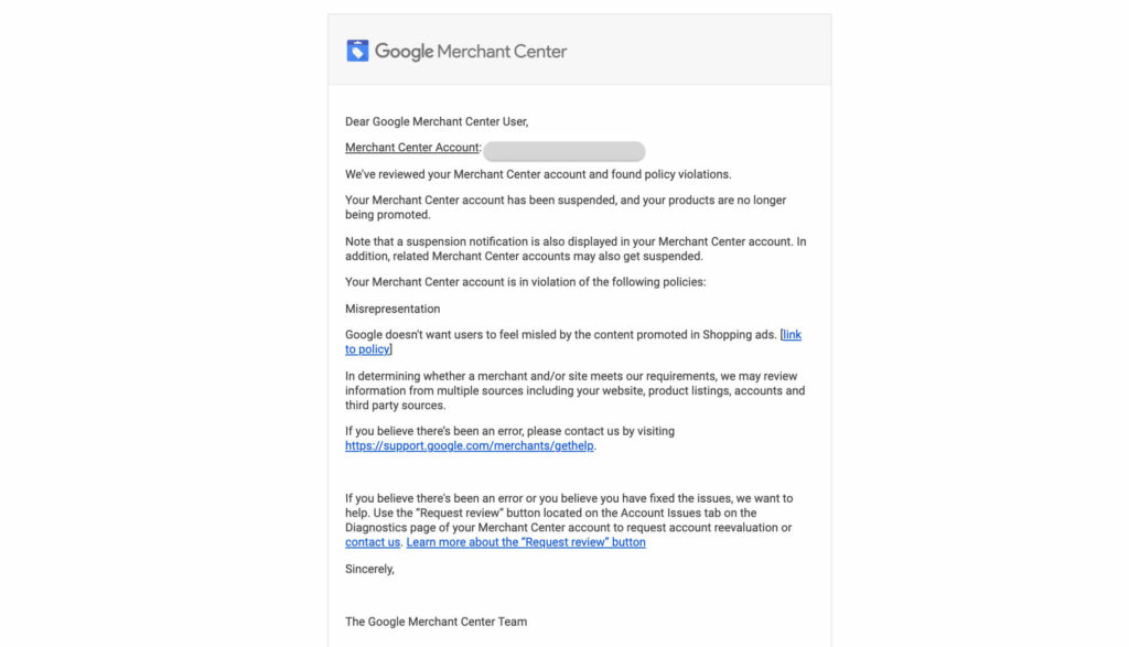 Google Merchant account suspension email