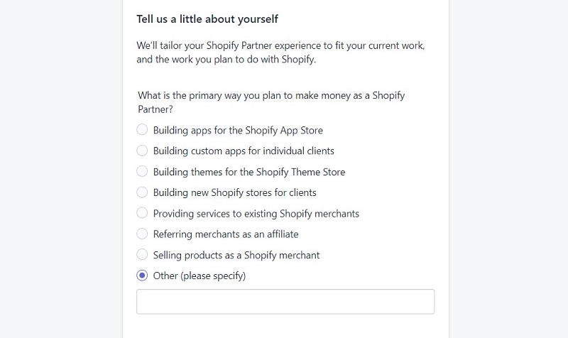 Specify your role in the Shopify Partner Program