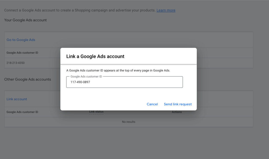 Send link request to Google Ads