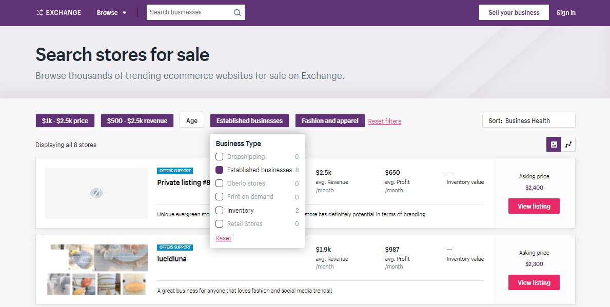 On Exchange, you can browse business by price, revenue, age, business type, and niche