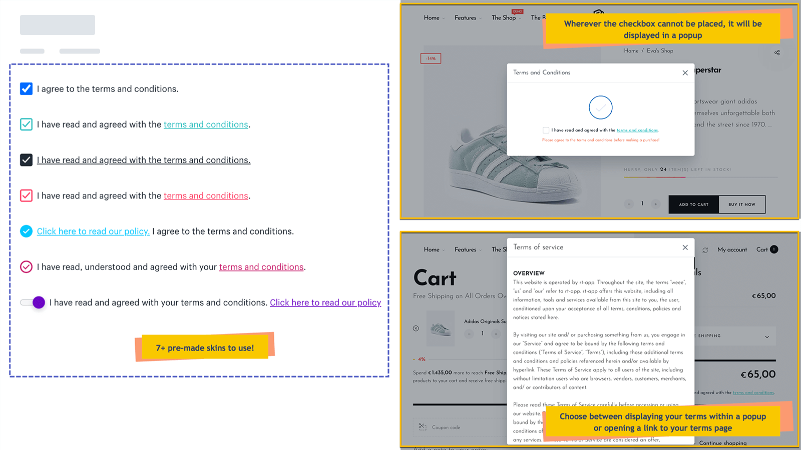 You can customize your ‘terms and conditions’ checkboxes and choose to display them in a pop-up when they click at the link