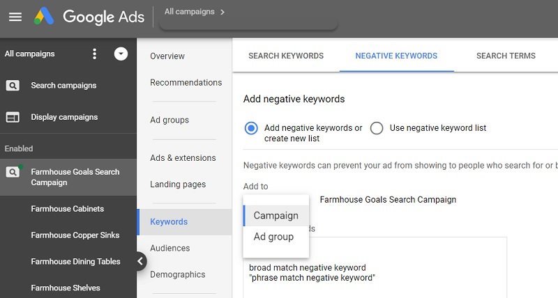 add negative keywords in google ads