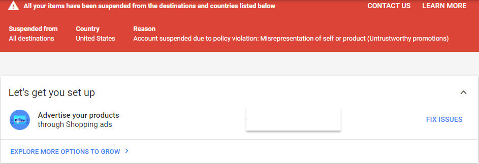 Account suspended due to policy violation_ Misrepresentation of self or product 