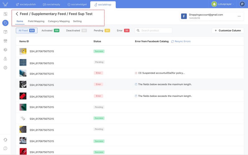 Manage your items in the supplementary feed