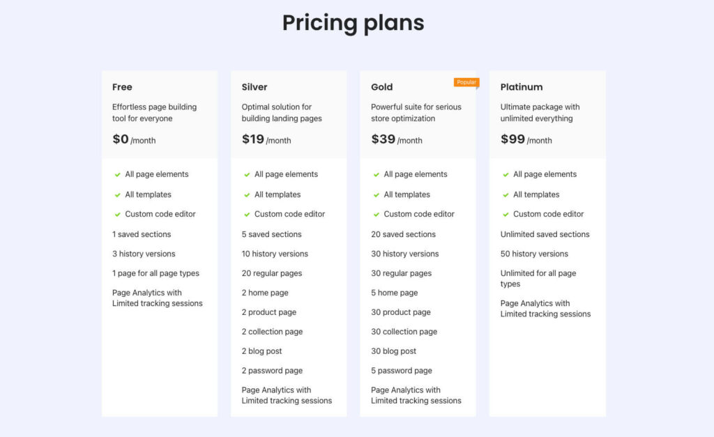 PageFly pricing plans