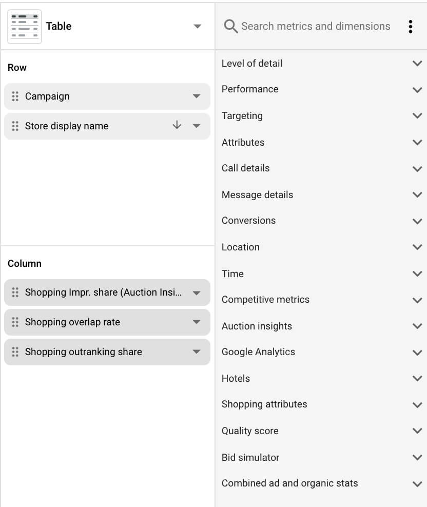 Select metrics and dimensions for Google Ads report