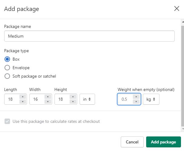 Shopify will use the package’s dimensions & weight you input here to calculate real-time shipping rates