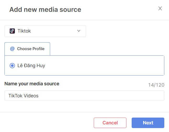 Select TikTok > your TikTok account > Name your media source
